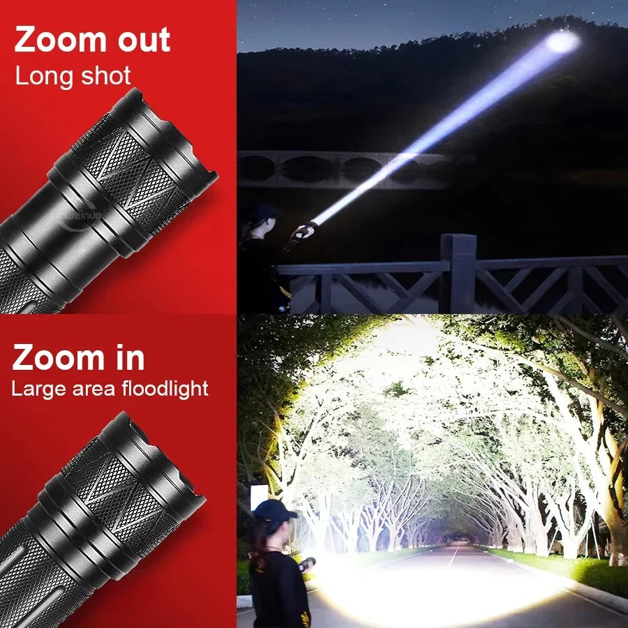 torche puissante led rechargeable 12000mAh zoomable autodéfense banque alimentation moderne