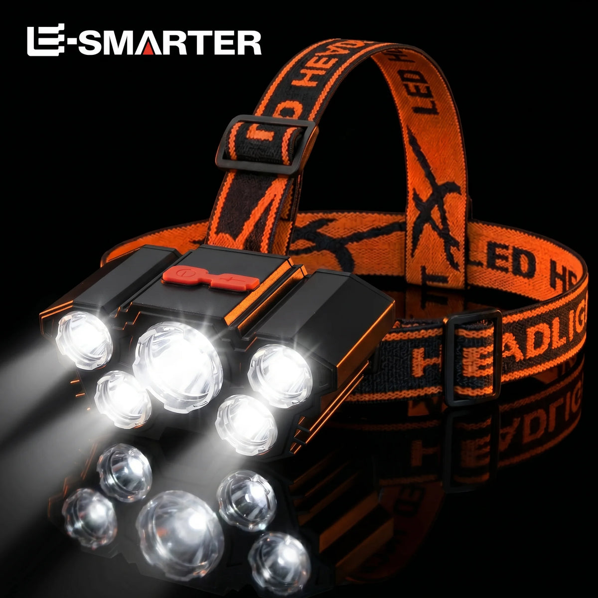 lampe frontale led rechargeable noir orange argent bleu rayures motifs points verre transparent
