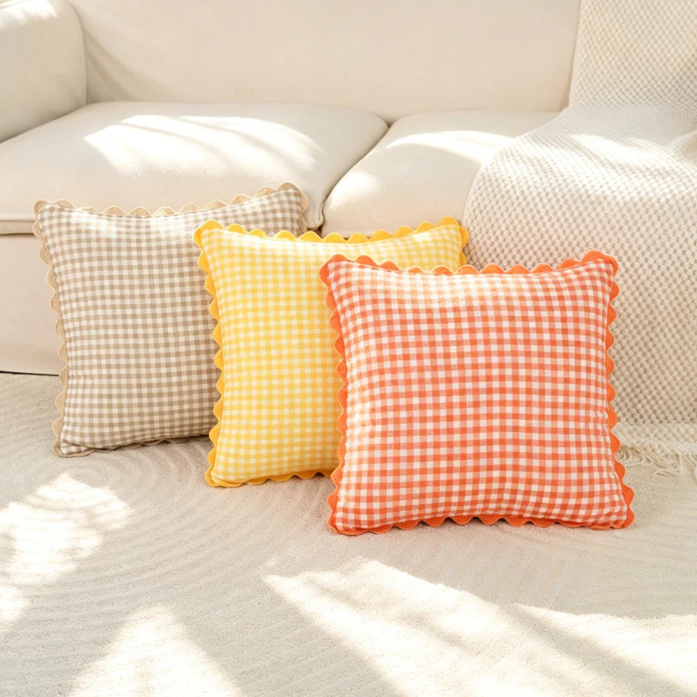 taies d'oreiller carreaux douces moderne confortables lit maison couleurs vert jaune rose orange beige