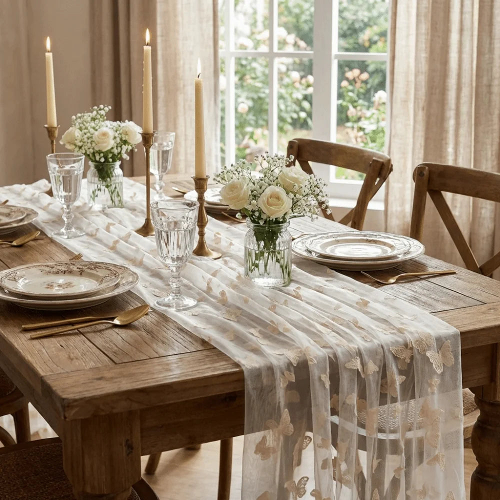 table table transparente papillons blanc bleu rose beige festive romantique