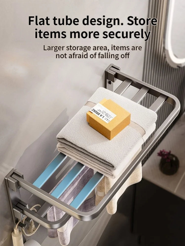 étagère rangement bain moderne pliable barre serviettes crochets gris métallique fixation murale