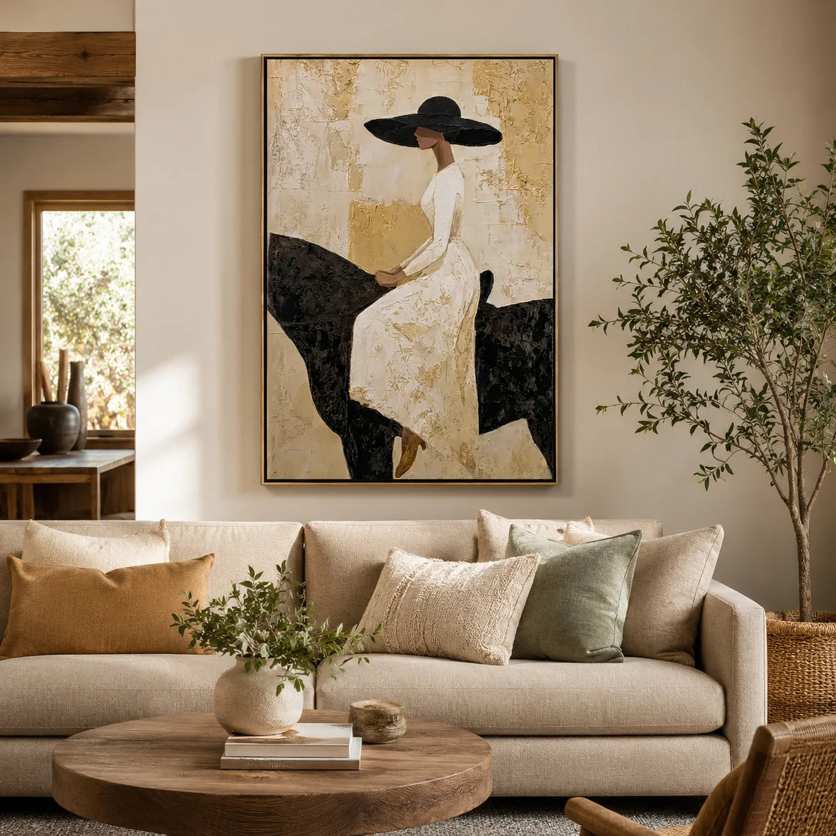 tableau abstrait moderne minimaliste toile doré noir blanc beige sans cadre chambre salon erotique