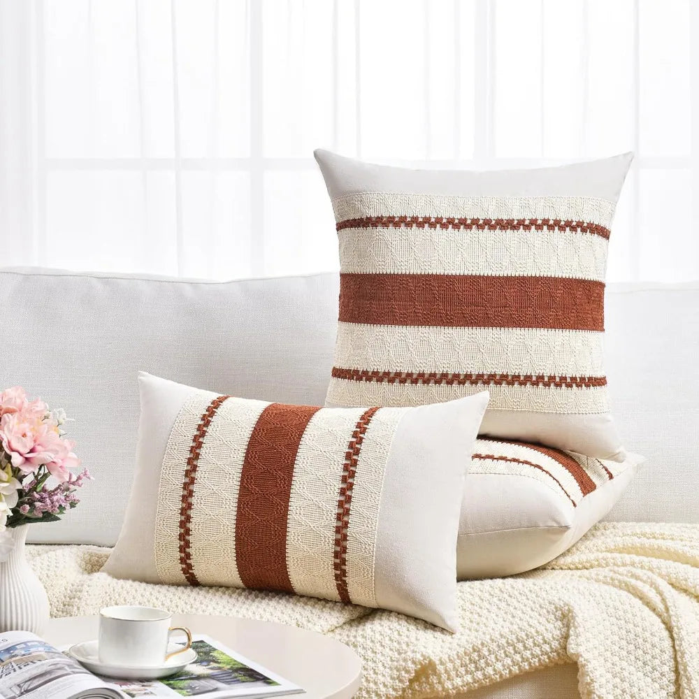 taies d'oreiller boho rayures horizontales beige bleu marine coussins lit non toxiques