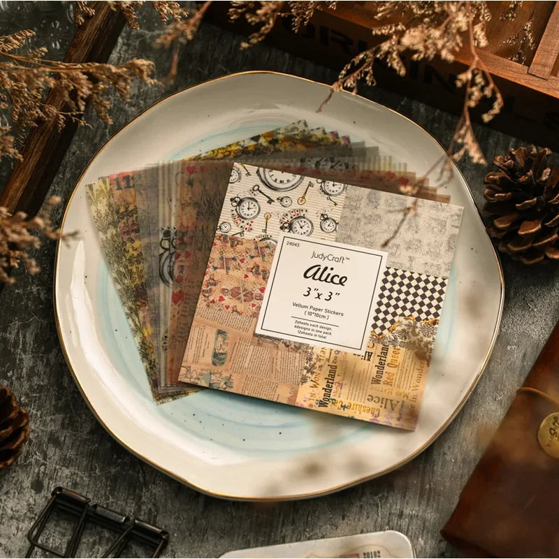 papier décoratif vintage motifs floraux personnages carreaux horloges stickers scrapbooking opaques illustrations textes
