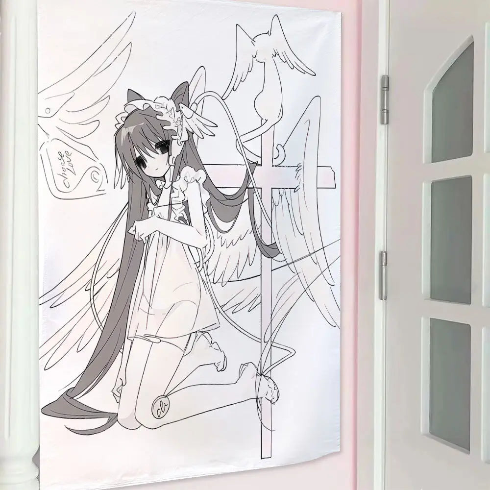 rideau dessin animé personnages féminins blancs ailes croix chiens servante machine lavable polyester coton