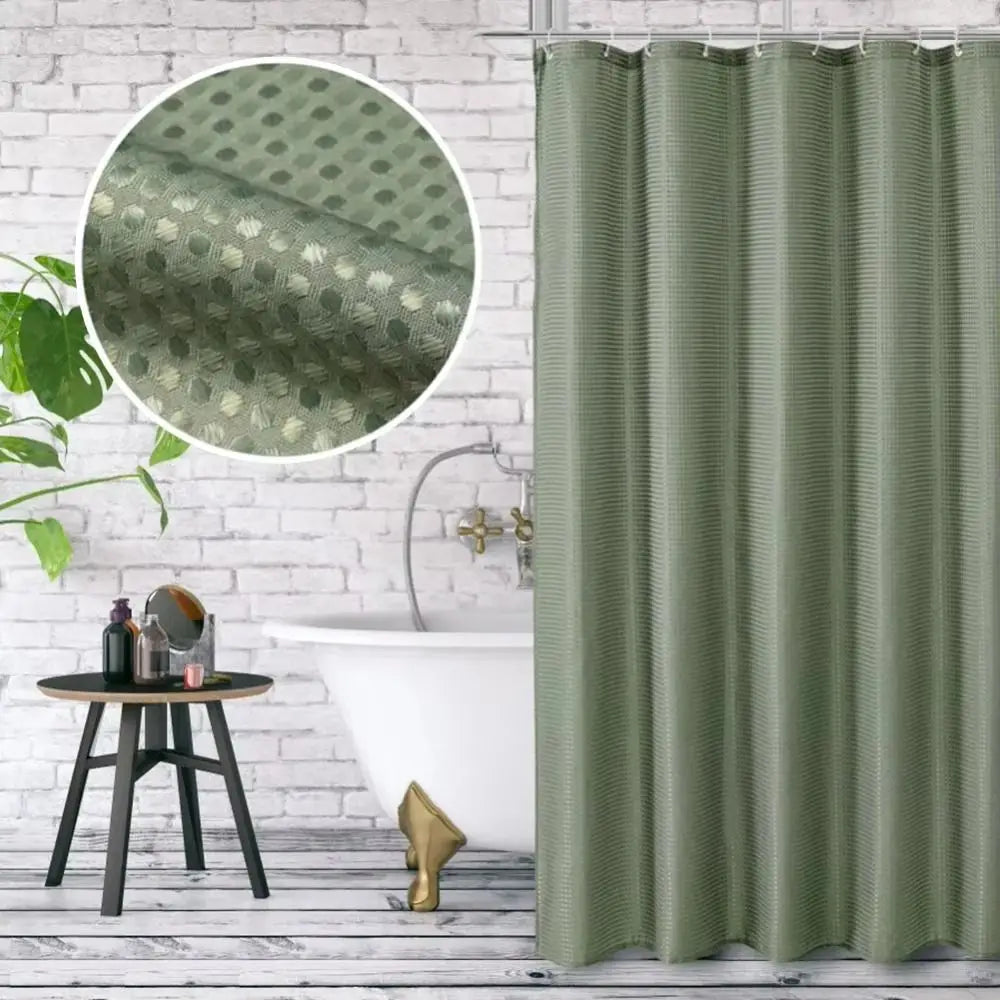 rideau douche vert olive points dorés moderne imperméable polyester anneaux salle bain