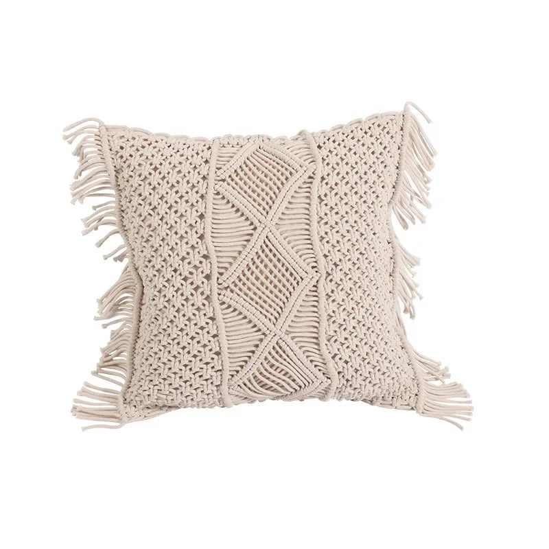 coussin tissé main bohème motif géométrique beige carré coton décoratif lit simple opacité sans