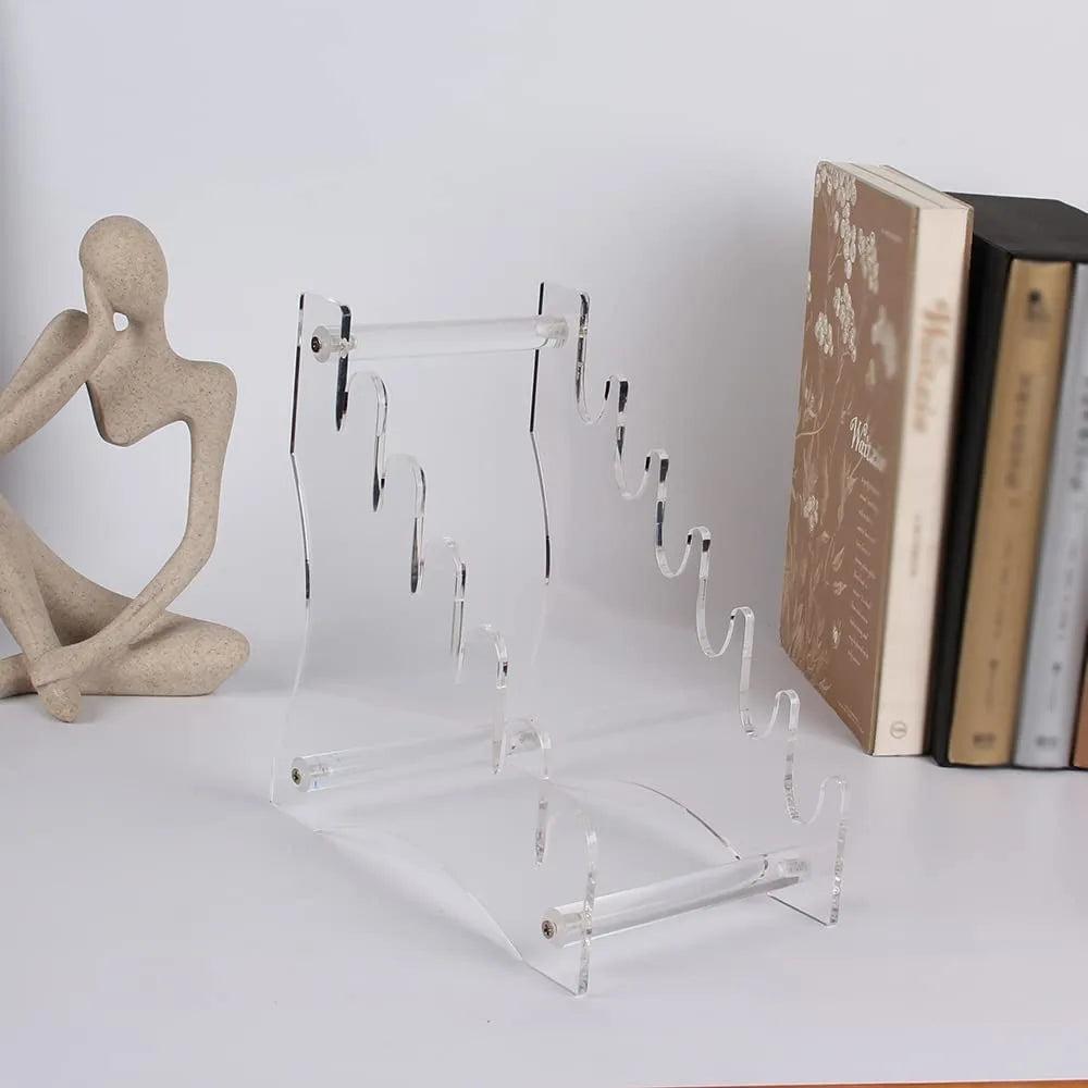 présentoir couteaux pliants transparent clips poignées noires lames arc ciel moderne utilitaire