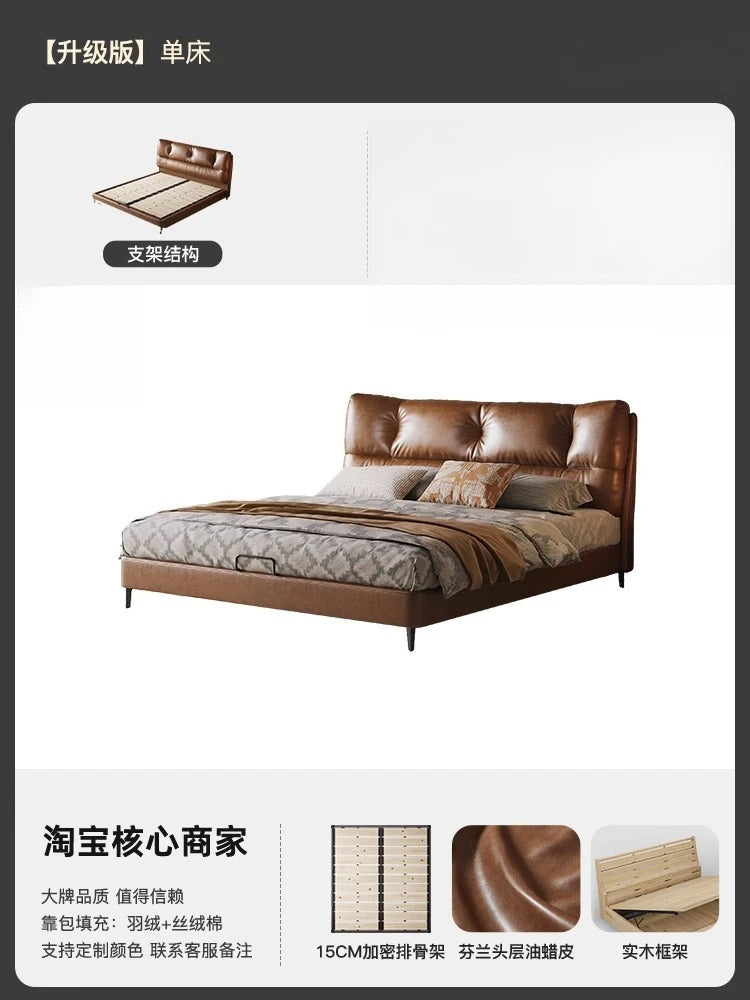 lit marron clair simili cuir doux moderne élégant oreillers couverture drap 1.5x1.9m assemblage bois