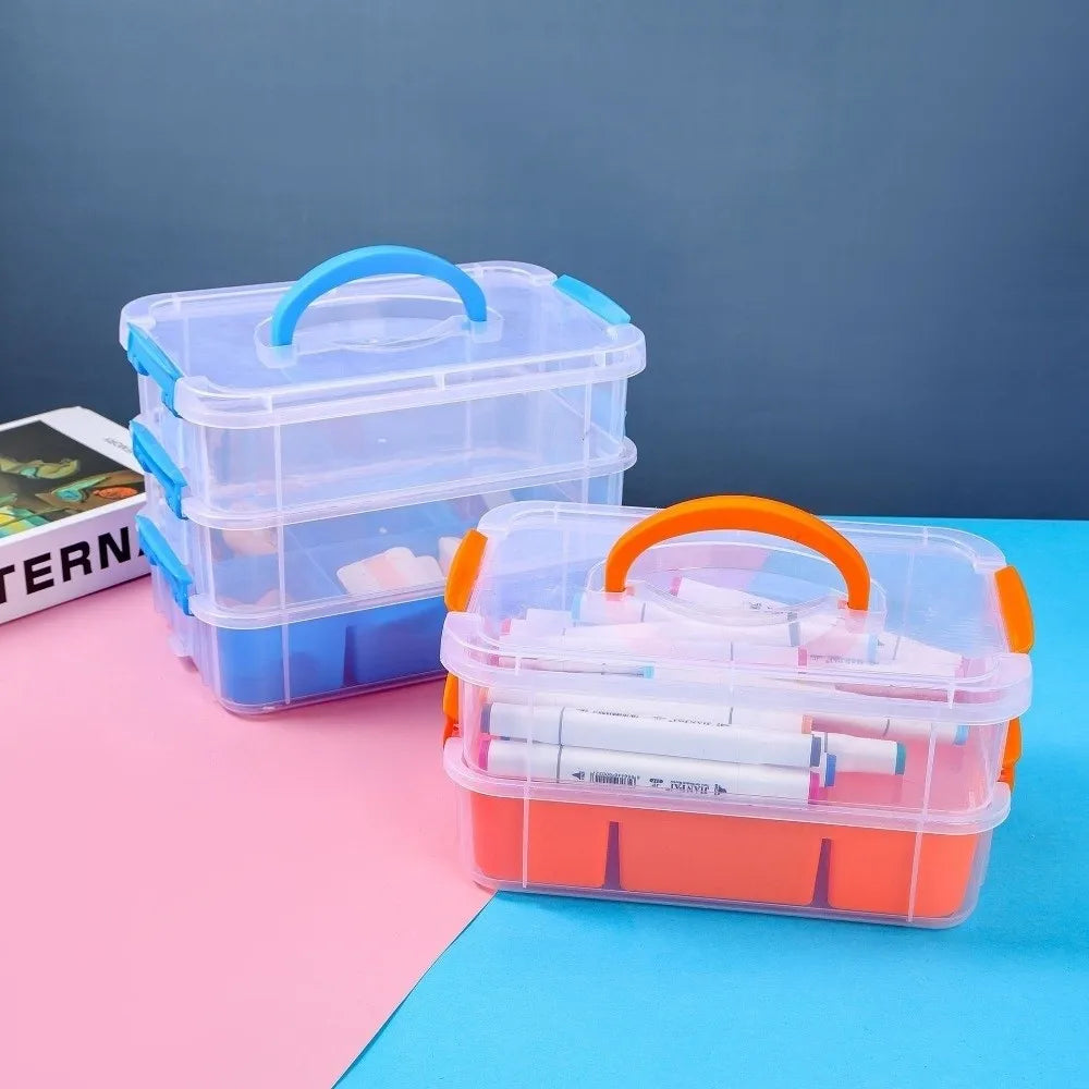 boîte rangement transparente moderne multicolore compartiments réutilisable plastique respectueux environnement poignées détachables