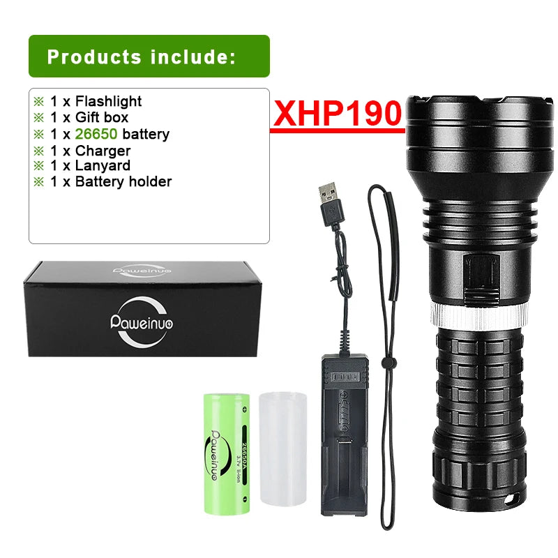 lampe torche plongée rechargeable ipx8 led 35w noir résistante autodéfense modulable intense