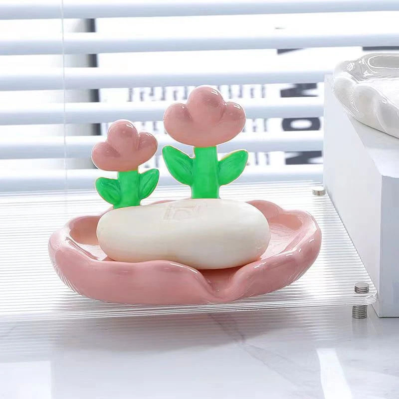 support savon moderne fleurs roses blanc vert salle bain antidérapant drainage accessoire décoration
