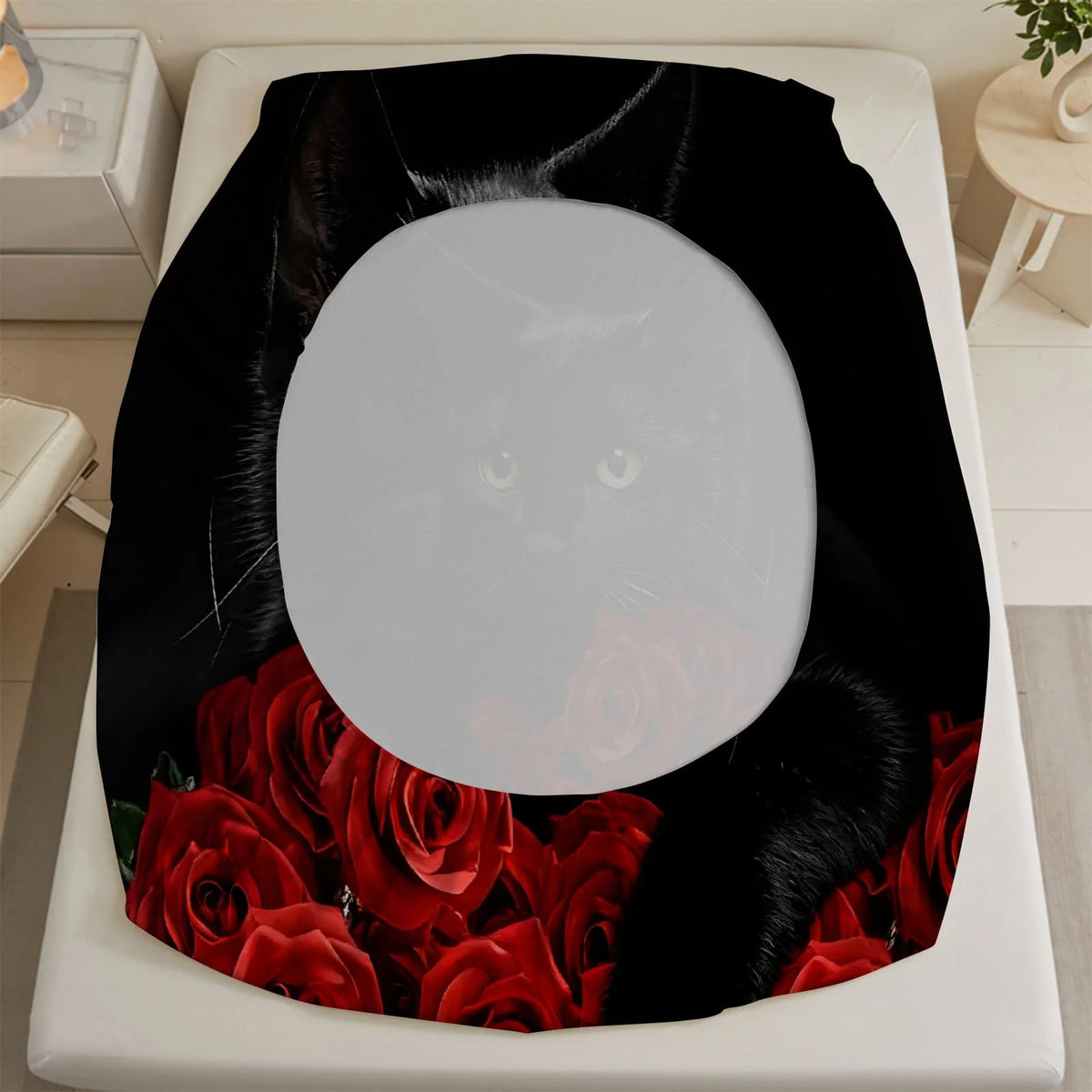 drap housse imprimé chat noir roses rouges coton polyester moderne graphique lit chambreDecoration