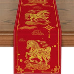 table cuisine rouge dorée motif chinois chevaux fleurs nouvelle année festive