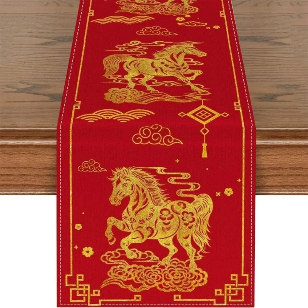 table cuisine rouge dorée motif chinois chevaux fleurs nouvelle année festive