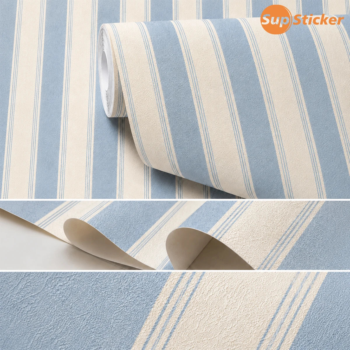 papier peint autocollant rayé vintage bleu clair beige rose pâle taupe opacité classique muette