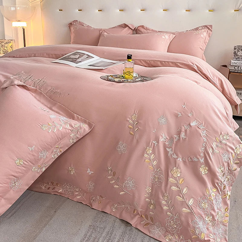 ensemble literie classique broderie florale dorée 100% coton bleu clair rose pâle gris clair