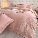 ensemble literie classique broderie florale dorée 100% coton bleu clair rose pâle gris clair