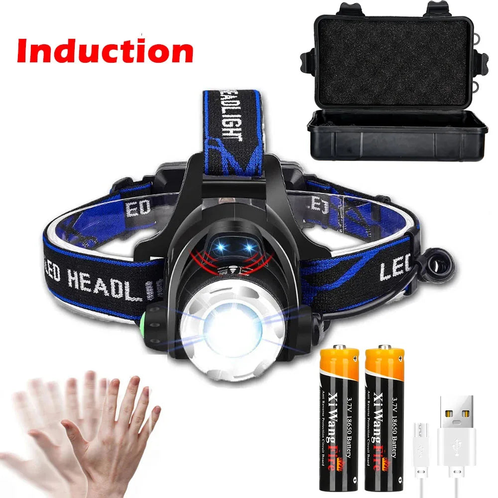 lampe frontale led rechargeable usb noir bleu rayures réglable haute luminosité emergency