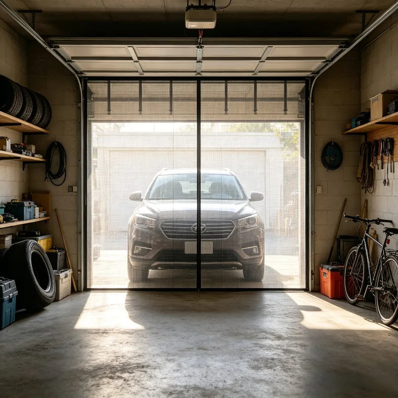 moustiquaire rideau porte garage noir maille fine clips suspension moderne protection insectes atelier patio