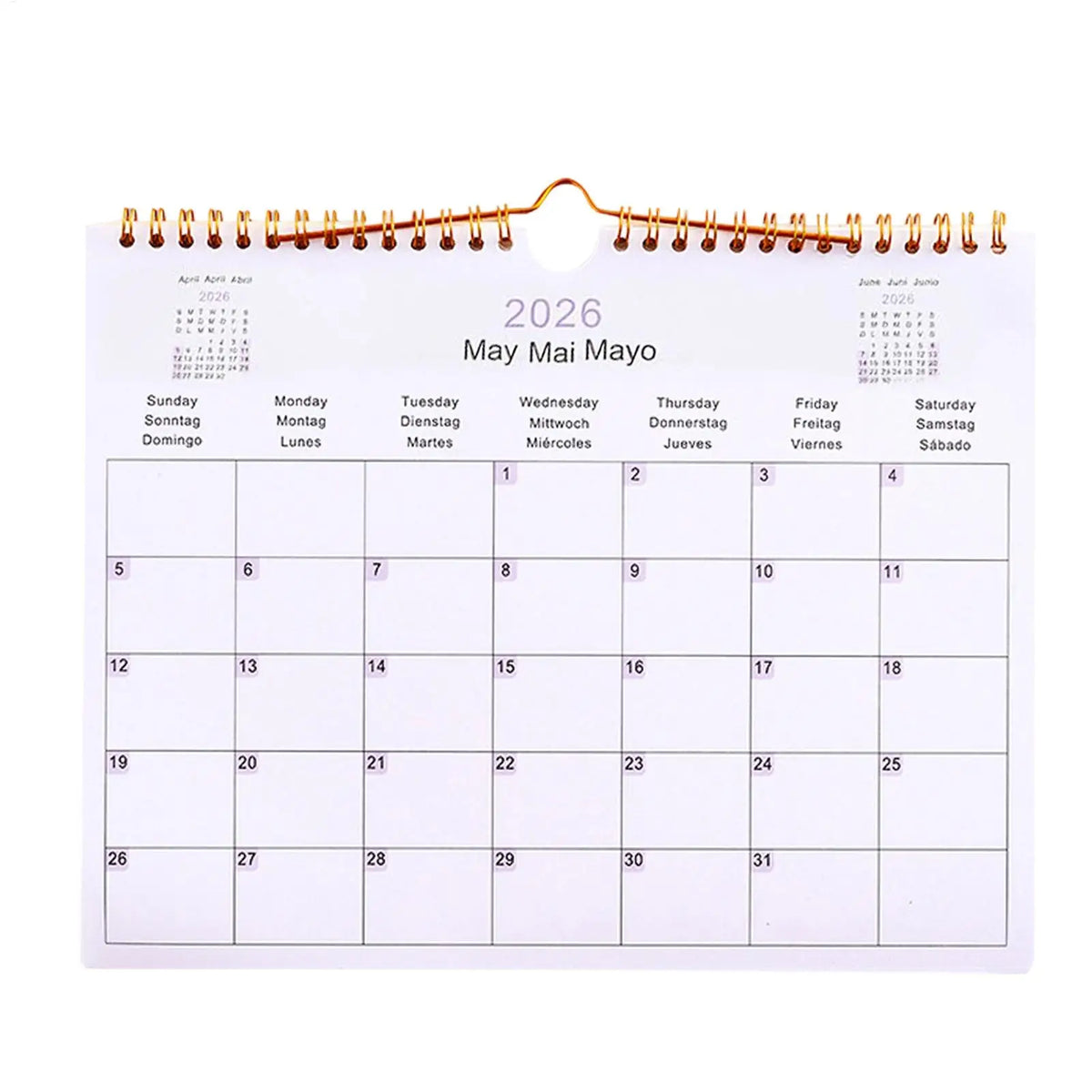 calendrier mural 2026 minimaliste blanc spirale dorée jours semaine dates mois grille planning multilingue