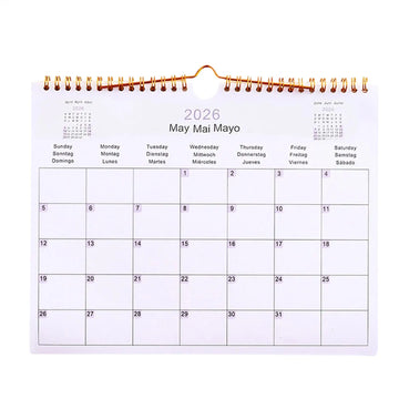 calendrier mural 2026 minimaliste blanc spirale dorée jours semaine dates mois grille planning multilingue