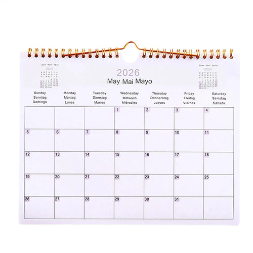 calendrier mural 2026 minimaliste blanc spirale dorée jours semaine dates mois grille planning multilingue