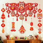 décoration murale chinoise rouge blanche bleue personnages animaux motifs floraux caractères chinois