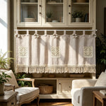 rideau cuisine beige dentelle franges rustique vintage opacité porte clés porte documents sac main