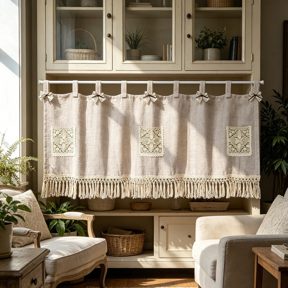 rideau cuisine beige dentelle franges rustique vintage opacité porte clés porte documents sac main