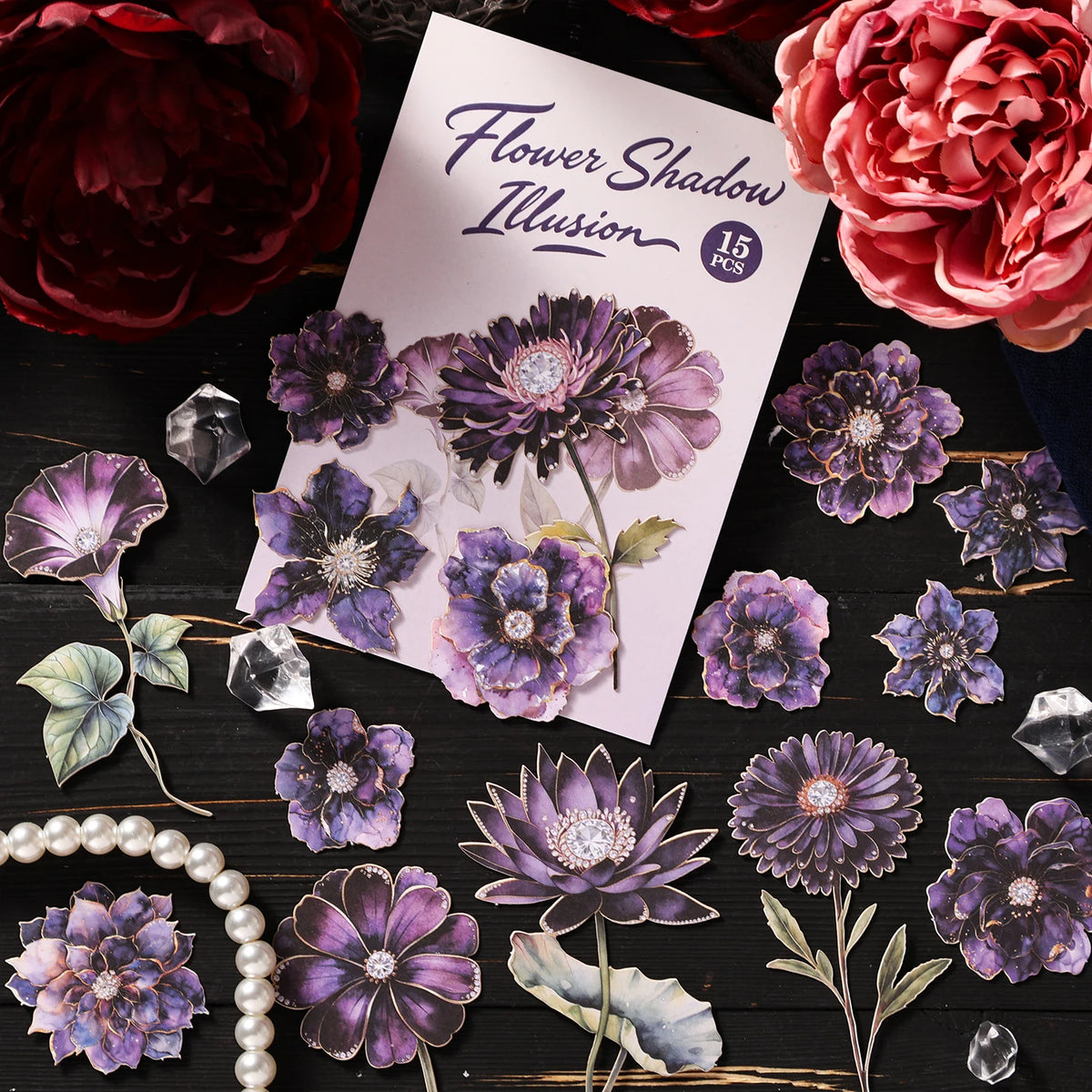 autocollants décoratifs fleurs stylisées violet rose bleu vert noir adhésif papier synthétique vintage romantique