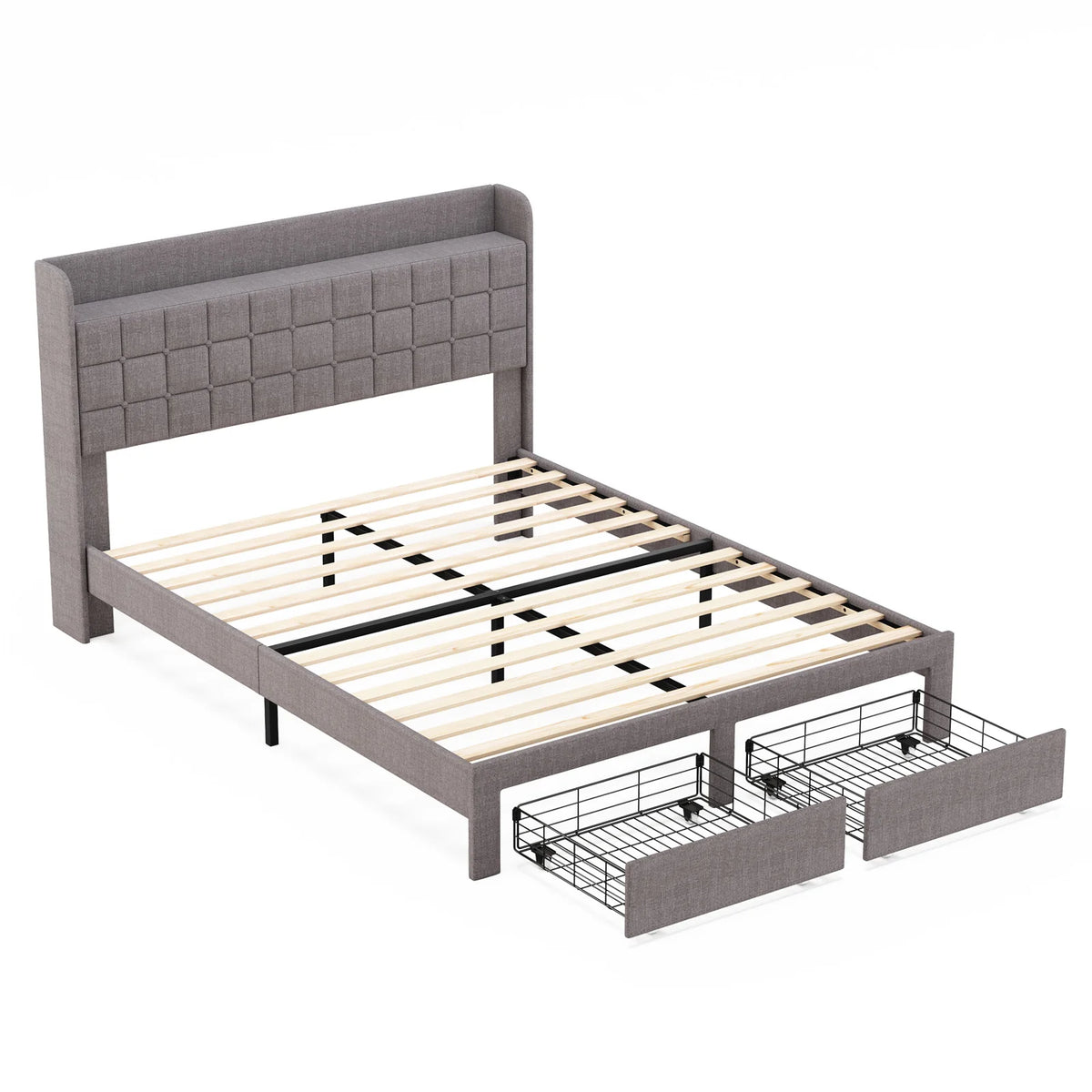 lit queen size tufté gris moderne tiroirs rangement structure robuste