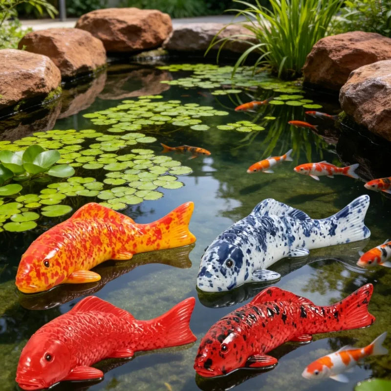 ornements poissons koi résine rouge orange bleu blanc réaliste decoration extérieure jardin statues diy