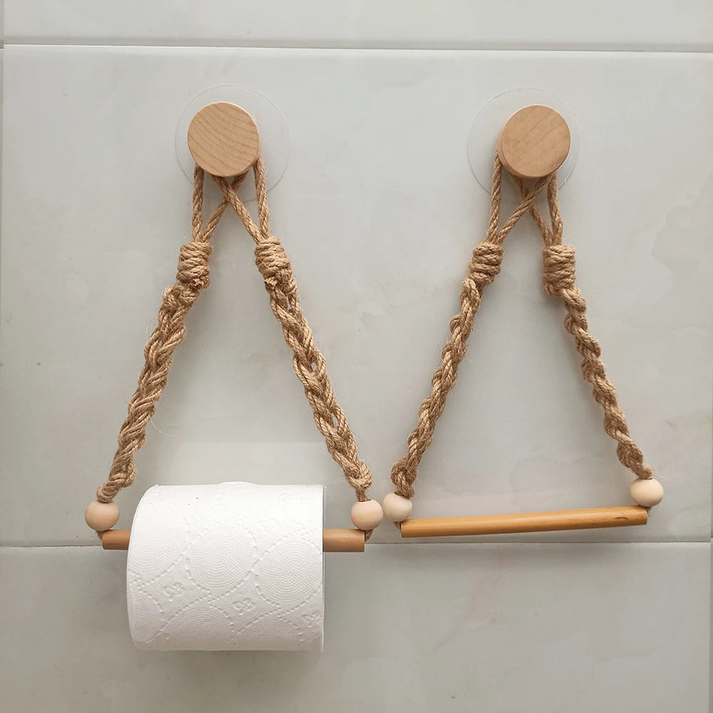 porte papier toilette bohème bois clair beige corde fixations murales rustique 25cm 15cm