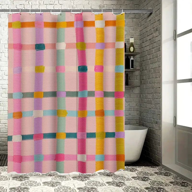 rideau douche moderne carreaux colorés rose vert jaune opacité tapis bain imperméable anneaux métal