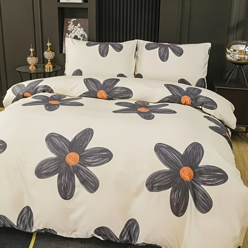 housse couette 3D fleurs stylisées beige gris orange moderne zippée taies d'oreiller