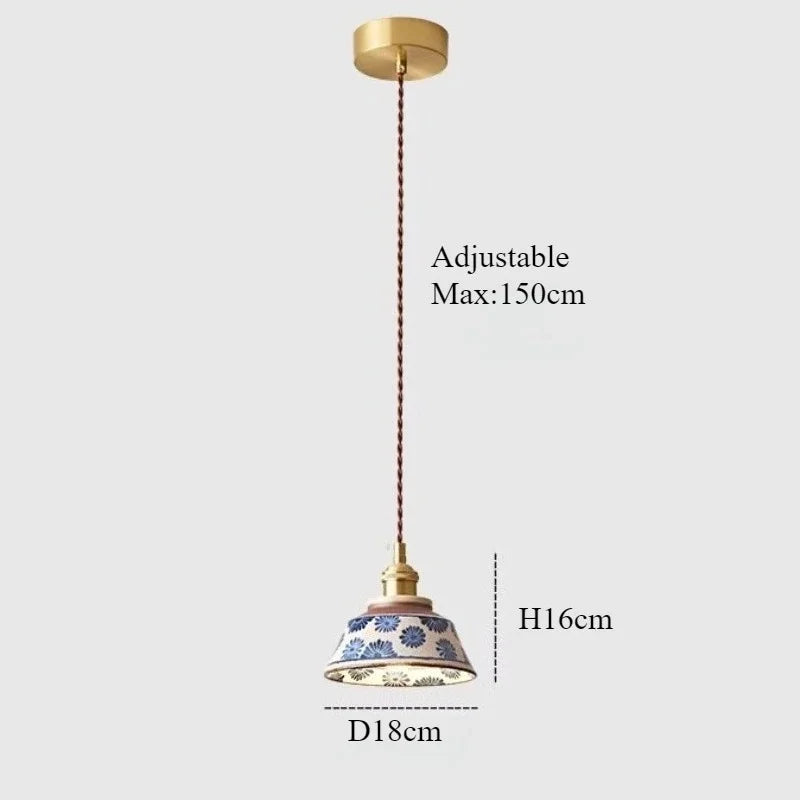 lampe suspendue vintage céramique fleurs bleues blanc rayures multicolores cordon doré