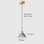 lampe suspendue vintage céramique fleurs bleues blanc rayures multicolores cordon doré