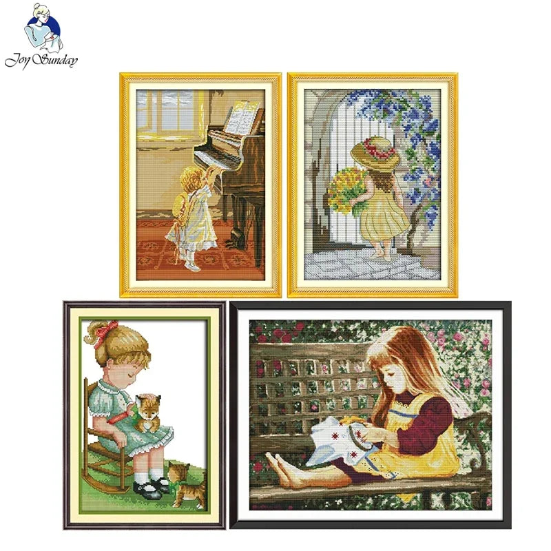Points croix multicolores scènes quotidiennes coton fil clair cadres artisanal enfantDecoration