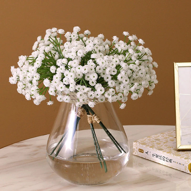 bouquet fleurs artificielles gypsophila blanc vert bleu violet décoration intérieure mariage anniversaire minimaliste