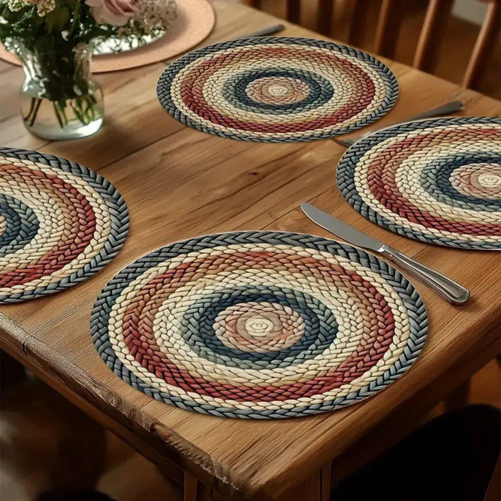 tapis table tissé artisanal spirale concentrique bleu marine beige rouge hiver noël rustique
