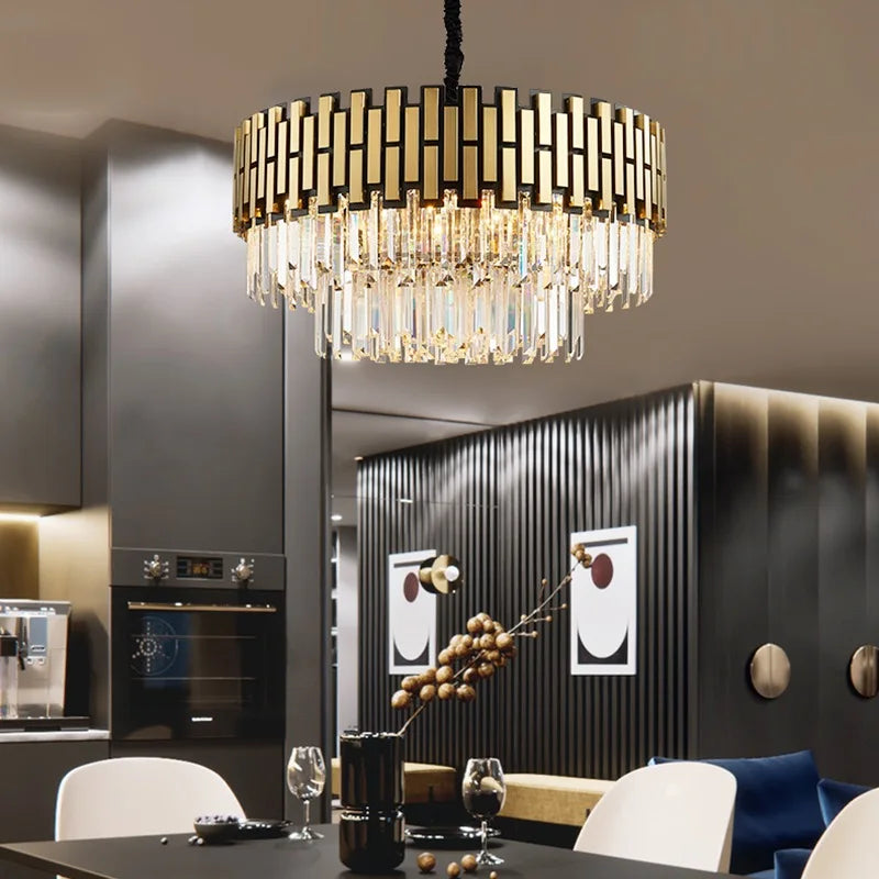 lustre moderne doré noir cristaux géométriques salon chambre led dimmable echangement cable