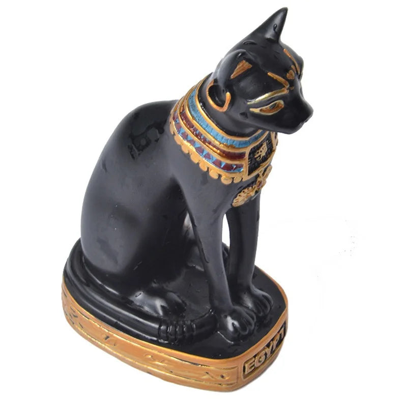 statuette égyptienne ancienne chat ornements hiéroglyphes noir blanc doré