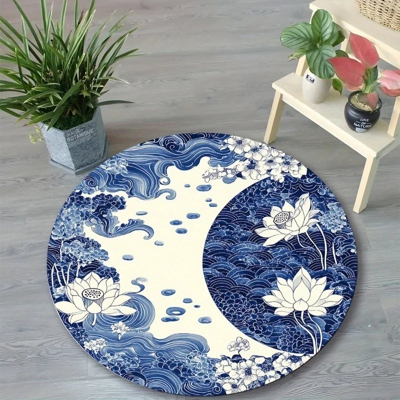 tapis rond arbre vie yin yang moderne bleu vert décoration chambre salon anti dérapant
