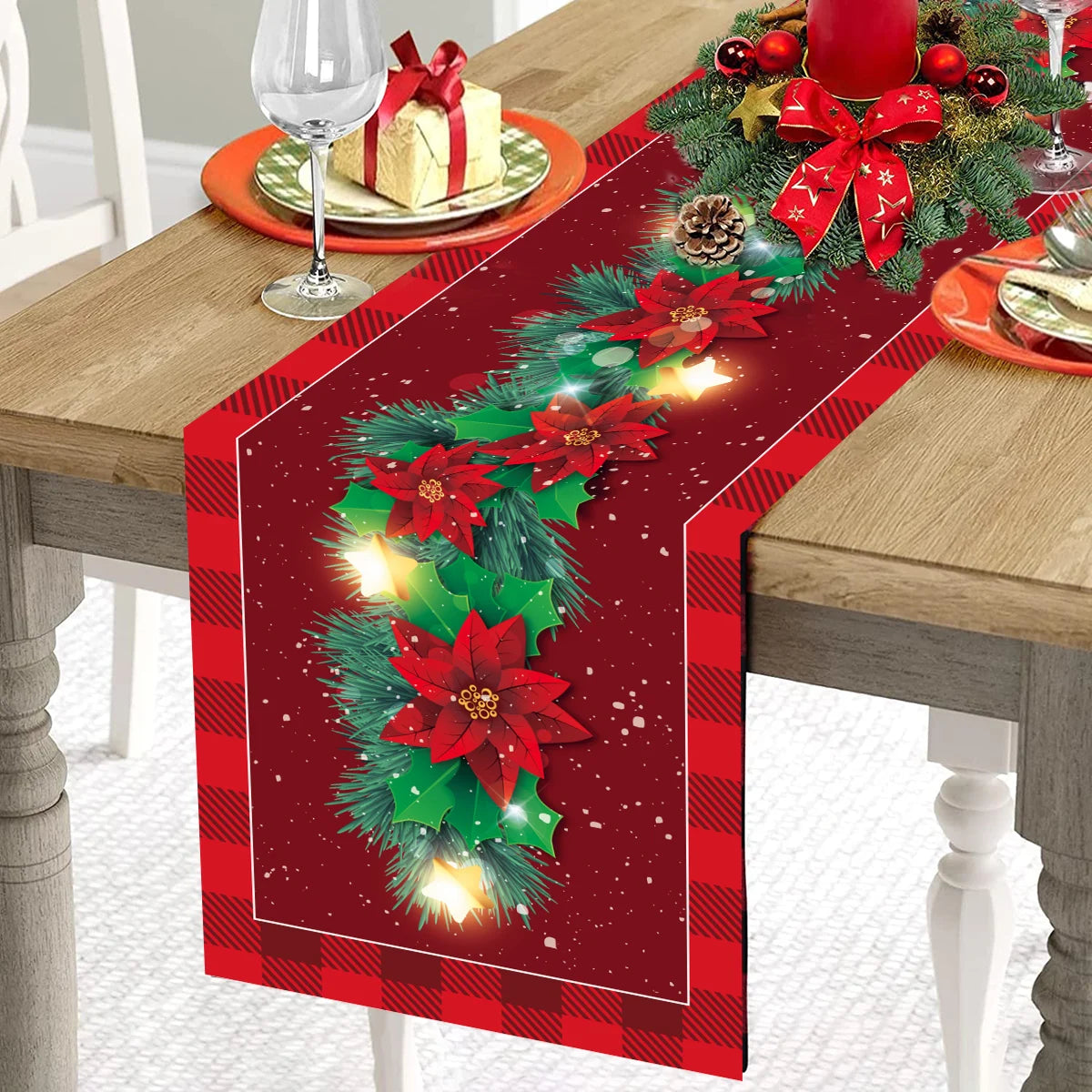 table noël rouge blanche verte noël oiseaux flocons poinsettias sapins festive