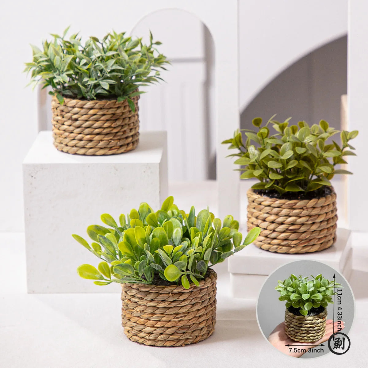 plante artificielle vert clair feuilles simples pot paille rustique décoration intérieure externe exposée