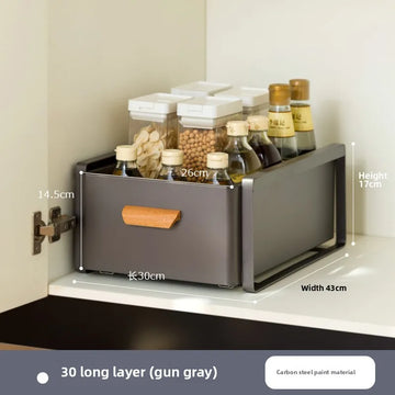 meuble tiroirs cuisine gris blanc poignées bois rangement sous évier