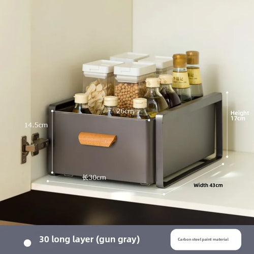 meuble tiroirs cuisine gris blanc poignées bois rangement sous évier