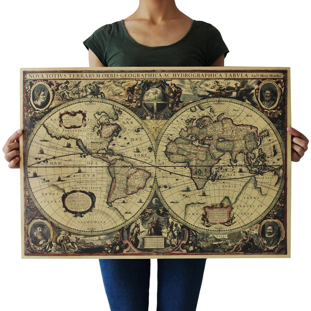 affiche carte monde ancienne vintage illustrations historiques beige marron clair 60x42cm