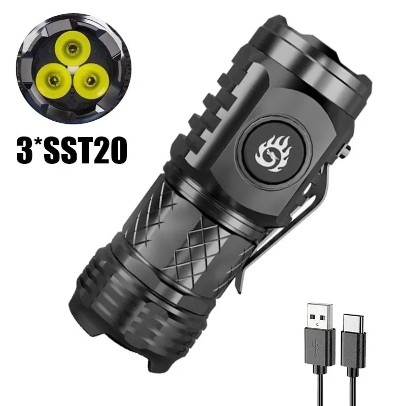 torche rechargeable led noire étanche 20w 350 lumens clip latéral résistance choc moderne